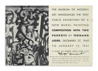 LÉGER, FERNAND. Autograph Note Signed, twice FLeger, on a printed announcement for the first public exhibition of his mural,